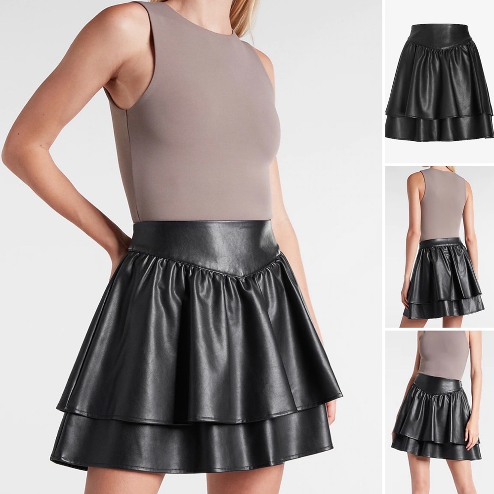 Express High Waisted Faux Leather Ruffle Mini Skirt - Picture 3 of 11